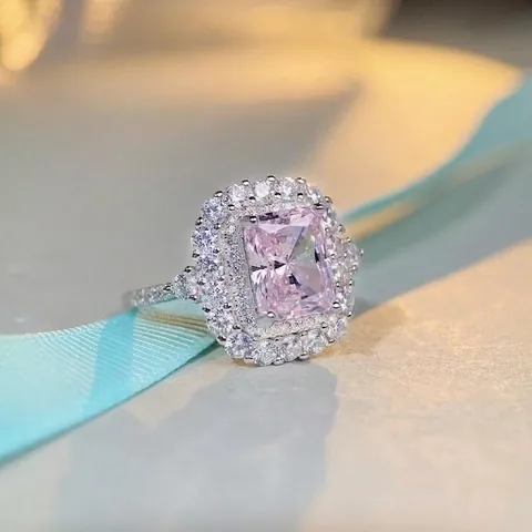 Lussuoso Anello Halo in Argento Sterling 925 Rettangolare con Strass per Donna Rosa Giallo Bianco Pietra Preziosa Matrimonio Gioielli