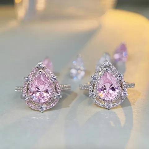 Luxurious S925 Sterling Silver Pear Cut Pink Gemstone Halo Ring For Women Rhinestone Inlaid Double Halo Water Drop Finger Ring