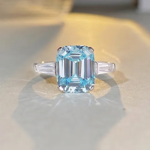 925 Sterling Silver Emerald Cut Rhinestone Ring For Women Classic Three Stone Aquamarine Style Geometric Jewelry Gift