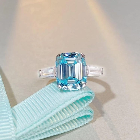 925 Sterling Silver Emerald Cut Rhinestone Ring For Women Classic Three Stone Aquamarine Style Geometric Jewelry Gift