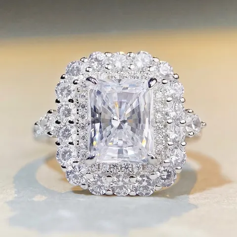 Bague en Argent Sterling 925 Taille Radiant Femmes Luxueuse Double Halo Strass Fiançailles Mariage Fête Bijoux Anneau Cadeau
