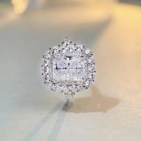 Bague en Argent Sterling 925 Taille Radiant Femmes Luxueuse Double Halo Strass Fiançailles Mariage Fête Bijoux Anneau Cadeau