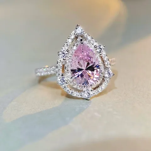 Lussuoso Anello in Argento Sterling S925 con Strass Rosa Taglio a Pera per Donna Doppio Halo Goccia d'Acqua Cristallo Pietra Preziosa Anello Gioielli