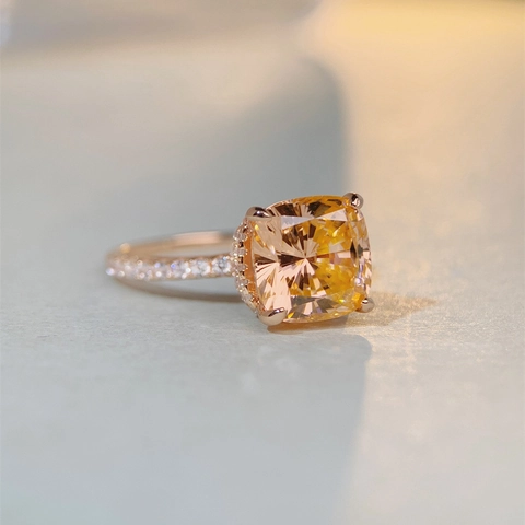 Luxurious 925 Sterling Silver Ring Cushion Cut Orange Zirconia Rose Gold Plated Pavé Rhinestone Wedding Banquet Ring For Women