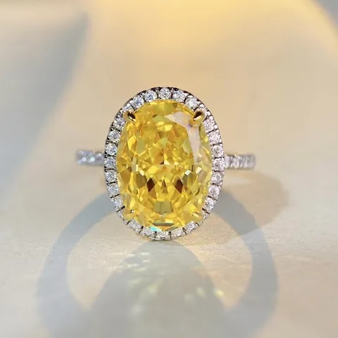 Luxury 925 Sterling Silver Oval Cut Yellow Rhinestone Halo Ring For Women Elegant Wedding Engagement Party Fashion Jewelry