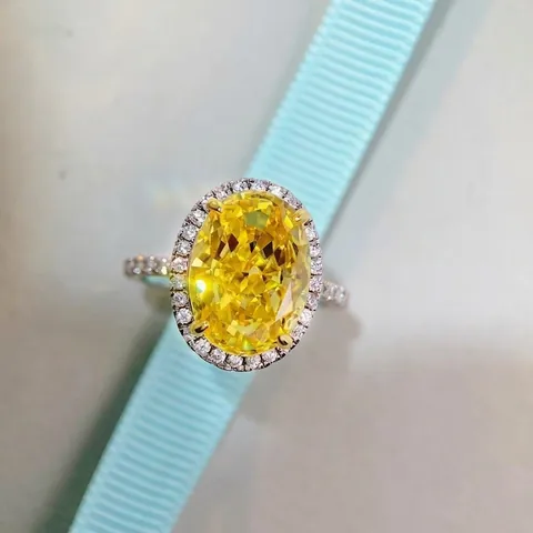 Luxury 925 Sterling Silver Oval Cut Yellow Rhinestone Halo Ring For Women Elegant Wedding Engagement Party Fashion Jewelry