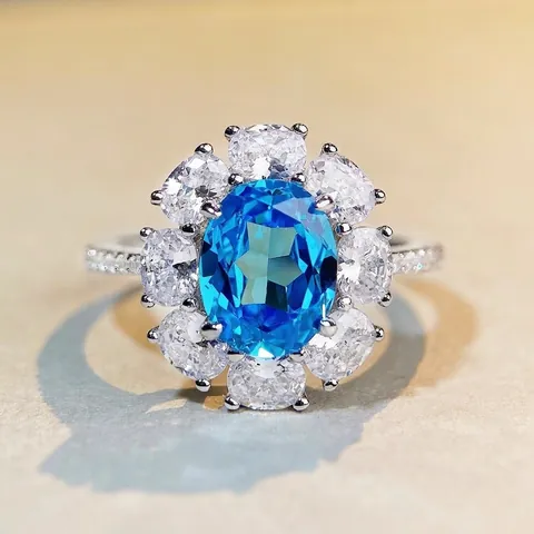 Elegant 925 Sterling Silver Halo Ring For Women With Oval Color Rhinestone Floral Design High-End Wedding Jewelry Anniversary Gift