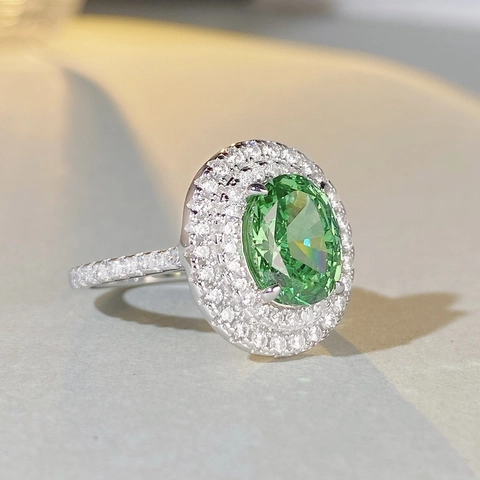 925 Sterlingsilber Ring Für Damen Oval Grün Gelb Blau Zirkonia Luxuriöser Halo Hochzeit Verlobung Feiner Schmuck Ring
