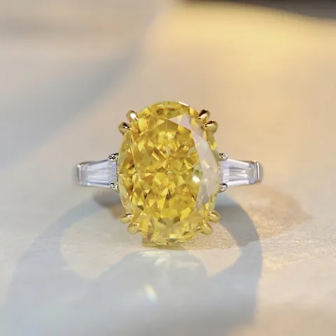 Luxury 925 Sterling Silver Oval Yellow Rhinestone Ring Ice Flower Cut Pigeon Egg Geometric Wedding Ring For Women Jewelry