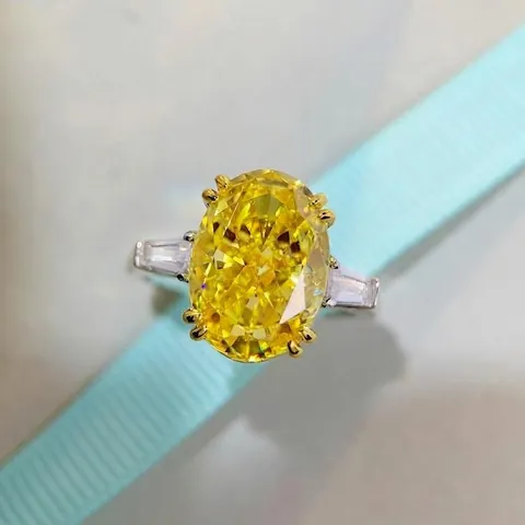 Luxury 925 Sterling Silver Oval Yellow Rhinestone Ring Ice Flower Cut Pigeon Egg Geometric Wedding Ring For Women Jewelry