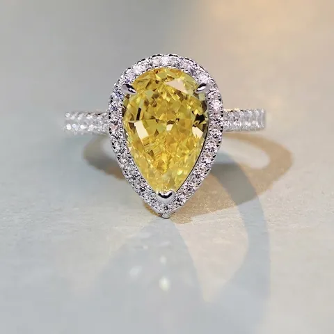 Luxury 925 Sterling Silver Pear Cut Rhinestone Halo Ring For Women Fashion Waterdrop Yellow Pink Gemstone Party Jewelry
