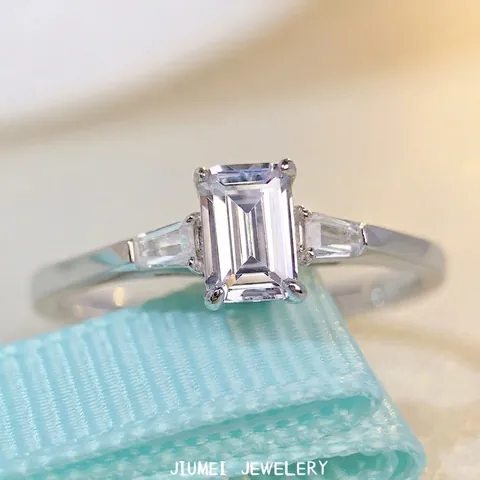 925 Sterling Silver Radiant Cut Zirconia Ring Emerald Cut Three Stone Square Sugar Ring For Women Minimalist Fashion Jewelry
