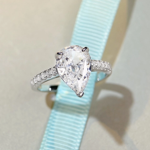 925 Sterling Silver Pear Cut Ring For Women Rhinestone Inlaid Water Drop Shaped Wedding Engagement Finger Ring Jewelry
