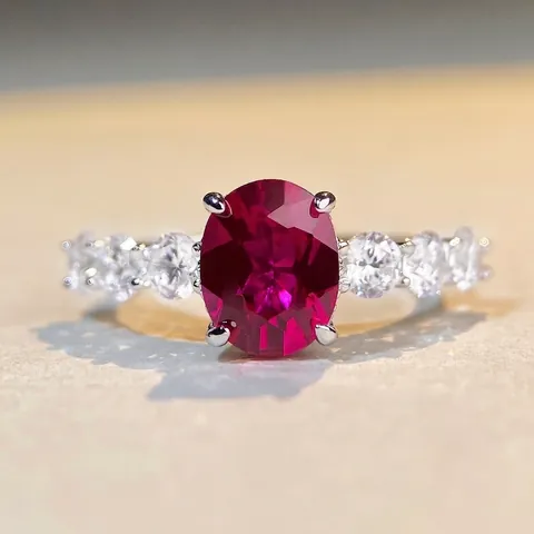 Anillo de Plata de Ley 925 Con Rubí Rojo Ovalado Circonia para Mujer Elegante Simple Moda Conmutaje Boda Joyería