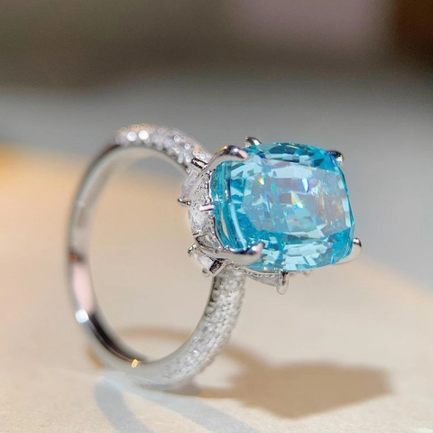Luxus 925 Sterlingsilber Blau Grün Zirkonia Ring 10 Karat Rechteckig Kissen Schliff Eingelegter Zirkonia Ringe Für Damen Schmuck Geschenk