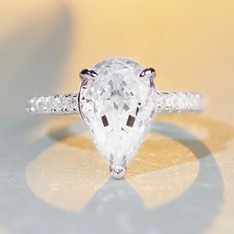 925 Sterling Silver Pear Cut Ring For Women Rhinestone Inlaid Water Drop Shaped Wedding Engagement Finger Ring Jewelry