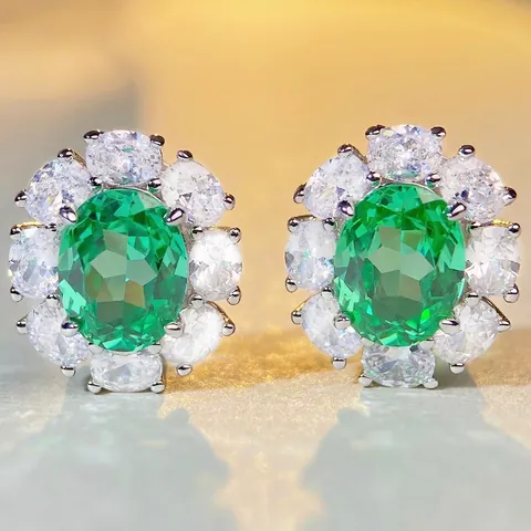 Orecchini a Bottone in Argento Sterling 925 Zirconia Verde Paraiba per Donna Orecchini a Fiore Halo Geometrici Ovali Gioielli Moda