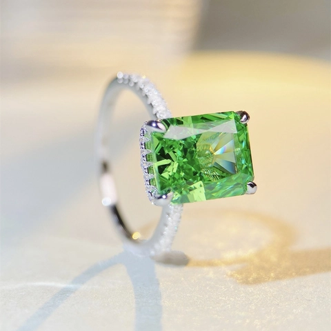 Anillo de Plata de Ley 925 con Circonia de Corte Esmeralda para Mujer Corte Flor de Hielo Cuadrado Geométrico Estrás Incrustado Moda de Gama Alta