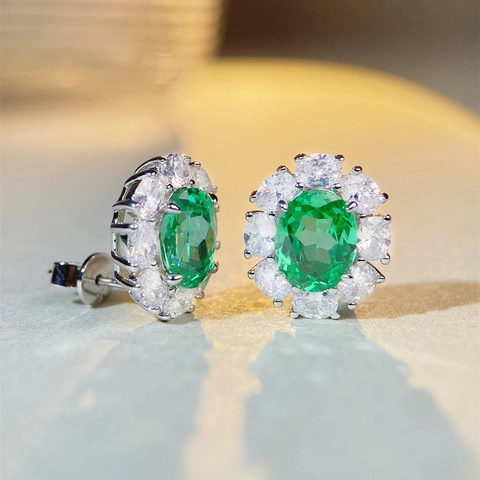 Orecchini a Bottone in Argento Sterling 925 Zirconia Verde Paraiba per Donna Orecchini a Fiore Halo Geometrici Ovali Gioielli Moda