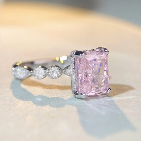 Bague de Luxe en Argent Sterling S925 Taille Radiant Zirconia Rose Elégante Bague à Bande Ondulée pour Femmes Mariage Fête Bijoux
