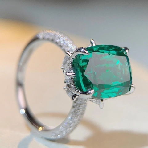 Lussuoso Anello in Argento Sterling S925 Con Zirconia Taglio Smeraldo Gemma Verde Blu Incastonatura Pavé Gioielli da Sposa Donna