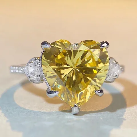 Luxury 925 Sterling Silver Heart Shaped Zirconia Ring For Women Sparkling Yellow Pink Inlaid Full Rhinestone Finger Ring