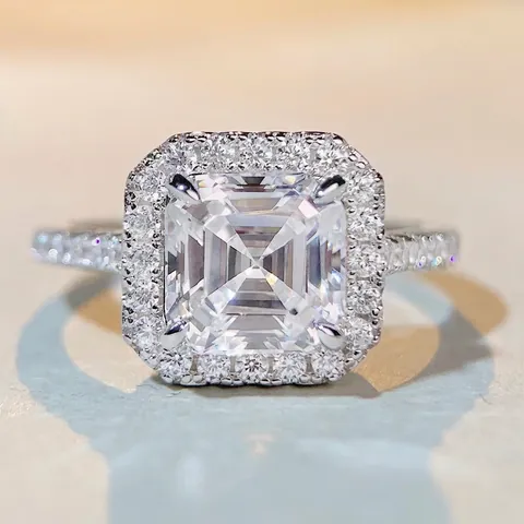 Bague Halo en Argent Sterling 925 de Luxe Avec Zirconia Taille Asscher Carrée pour Femmes Bijoux de Mariage Incrustés