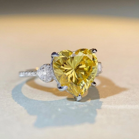 Luxury 925 Sterling Silver Heart Shaped Zirconia Ring For Women Sparkling Yellow Pink Inlaid Full Rhinestone Finger Ring