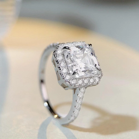 Bague Halo en Argent Sterling 925 de Luxe Avec Zirconia Taille Asscher Carrée pour Femmes Bijoux de Mariage Incrustés