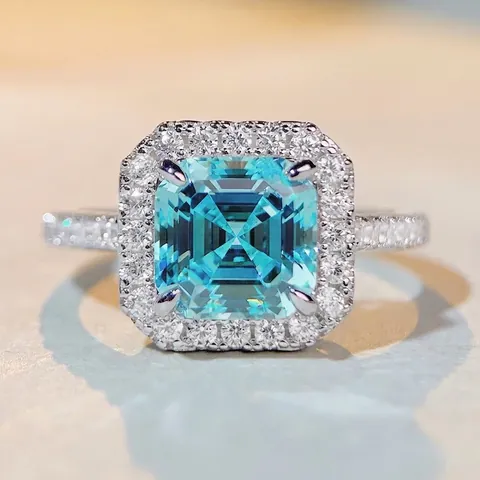 Luxus 925 Sterlingsilber Quadratisch Asscher Schliff Zirkonia Ring Halo Fassung Hochzeit Party Schmuck Geschenk Für Damen
