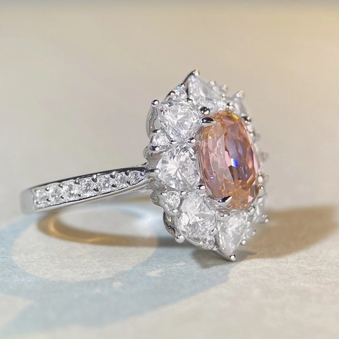Lussuoso Anello in Argento Sterling 925 Zirconia Ovale Fiore Rosa Padparadscha Halo Cuore Matrimonio Festa Donna Gioielli