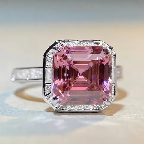 Luxurious 925 Sterling Silver Pink Square Cut Rhinestone Ring For Women Elegant Halo Setting Fashion Jewelry Finger Ring Gift