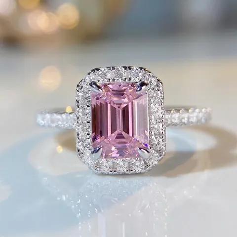 Anillo de Plata de Ley 925 Talla Esmeralda Diamante de Imitación Rosa para Mujer Elegante Joyería de Compromiso Halo Cuadrado Regalo