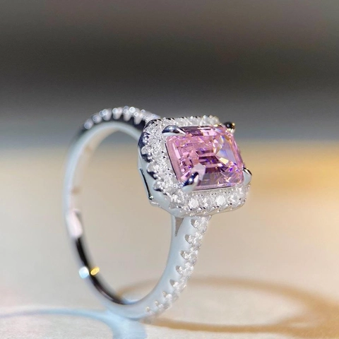 Anillo de Plata de Ley 925 Talla Esmeralda Diamante de Imitación Rosa para Mujer Elegante Joyería de Compromiso Halo Cuadrado Regalo