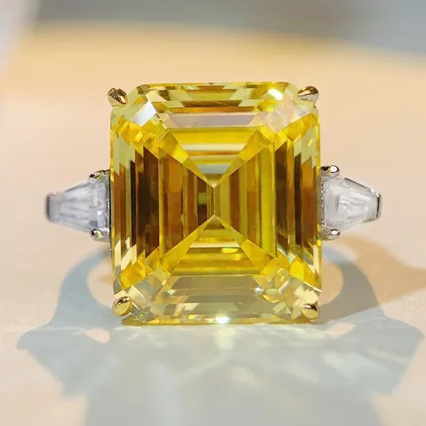925 Sterling Silver Yellow Zirconia Ring For Women Large Emerald Cut Three Stone Design High Carbon Diamond Style Jewelry