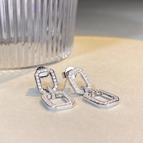 S925 Sterling Zilver Zirconia Pave Geometrische Dubbele Ring Druppel Oorbellen Moderne Minimalistische Schakelketting Sieraden Vrouwen