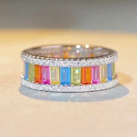 Anillo de Arcoíris de Plata de Ley S925 para Mujer Circonia de Colores Incrustada Corte Baguette Alianza Multicolor Joyería de Boda