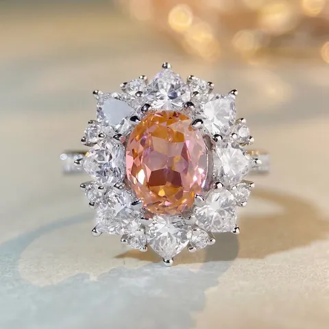 Lussuoso Anello in Argento Sterling 925 Zirconia Ovale Fiore Rosa Padparadscha Halo Cuore Matrimonio Festa Donna Gioielli