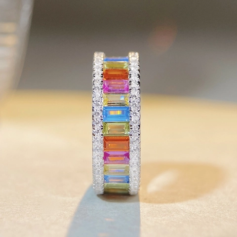 Anillo de Arcoíris de Plata de Ley S925 para Mujer Circonia de Colores Incrustada Corte Baguette Alianza Multicolor Joyería de Boda