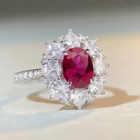 Lussuoso Anello in Argento Sterling 925 con Rubino e Zirconia per Donna Anello Halo con Pietra Ovale a Girasole Gioielli