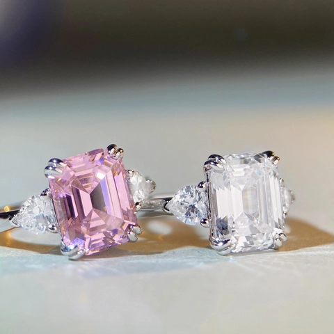 925 Sterling Zilveren Zirconia Ring Voor Vrouwen Luxe Smaragdslijpvorm Roze Blauw Wit Geometrische Mode Sieraden Edelsteen Ring Cadeau