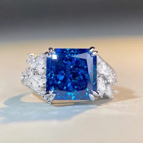 925 Sterling Zilver Luxe Blauwe Zirconia Ring Voor Dames Radiant Cut Zircon Vierkant Diepzee Blauw Edelsteen Sieraden Geometrische Ring Cadeau