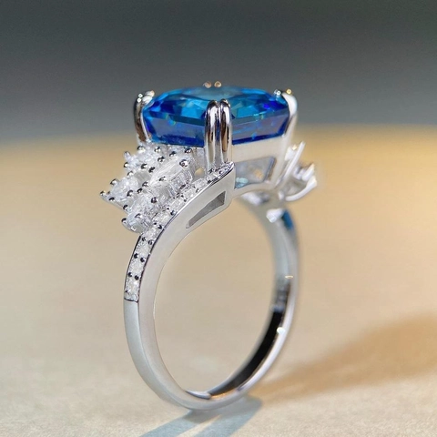 925 Sterling Zilver Luxe Blauwe Zirconia Ring Voor Dames Radiant Cut Zircon Vierkant Diepzee Blauw Edelsteen Sieraden Geometrische Ring Cadeau