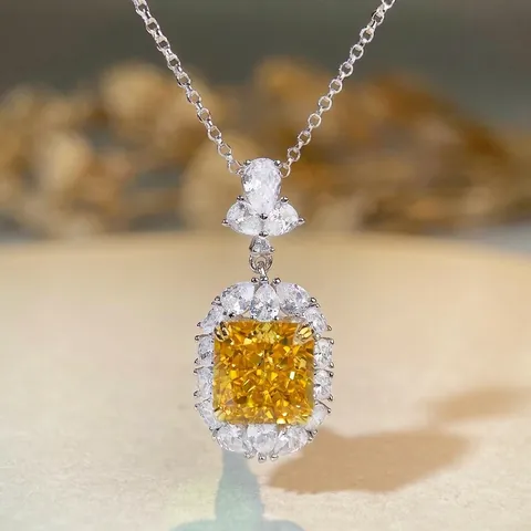 Luxuriöse 925 Sterlingsilber Halskette Mit Radiant-Schliff Gelbem Zirkonia Anhänger Für Damen Elegantes Halo-Design Schmuck