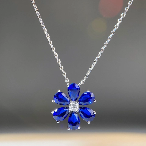 925 Sterling Silver Forget-Me-Not Flower Pendant Necklace For Women Blue Pink Rose Green White Rhinestone Floral Jewelry