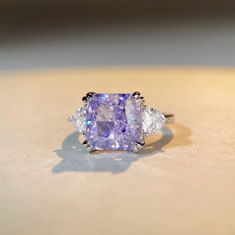 925 Sterling Silver Radiant Cut Zirconia Ring Lavender Purple Square Stone Three Stone Design Engagement Finger Ring For Women Jewelry