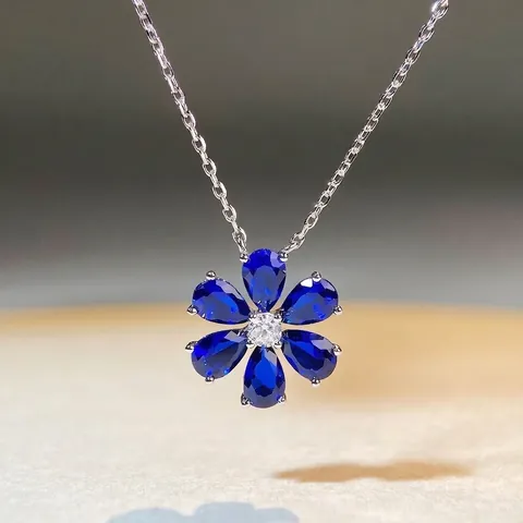 925 Sterling Silver Forget-Me-Not Flower Pendant Necklace For Women Blue Pink Rose Green White Rhinestone Floral Jewelry