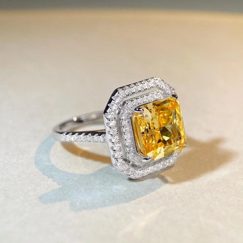Lussuoso Anello in Argento Sterling S925 Taglio Radiant Zirconia Elegante Doppio Halo Gioielli da Fidanzamento Quadrati per Donna Matrimonio Festa
