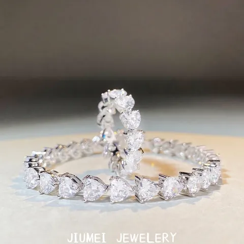 925 Sterling Silver Heart Shape Full Rhinestone Eternity Ring Tennis Bracelet Minimalist Jewelry For Women Wedding Party
