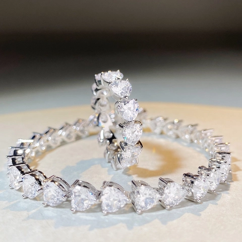 925 Sterling Silver Heart Shape Full Rhinestone Eternity Ring Tennis Bracelet Minimalist Jewelry For Women Wedding Party